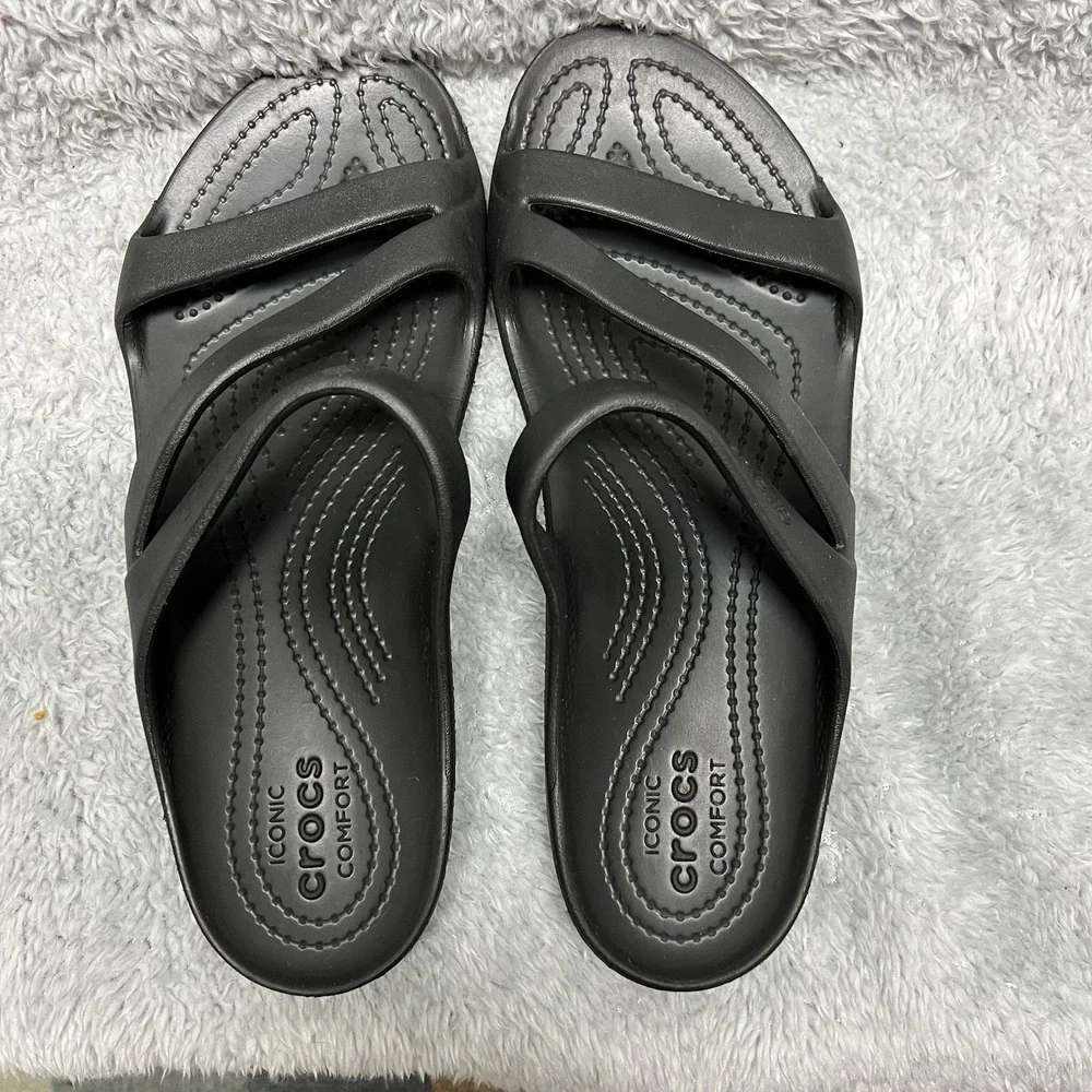 Crocs Sandals Womens 8 Kadee II Black Slides Z Strap Comfort Slip On Lightweight